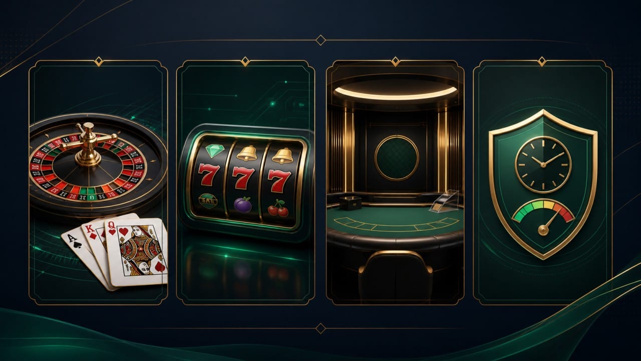 Minh họa các nhóm casino online gồm game bàn, slot, RNG và live casino