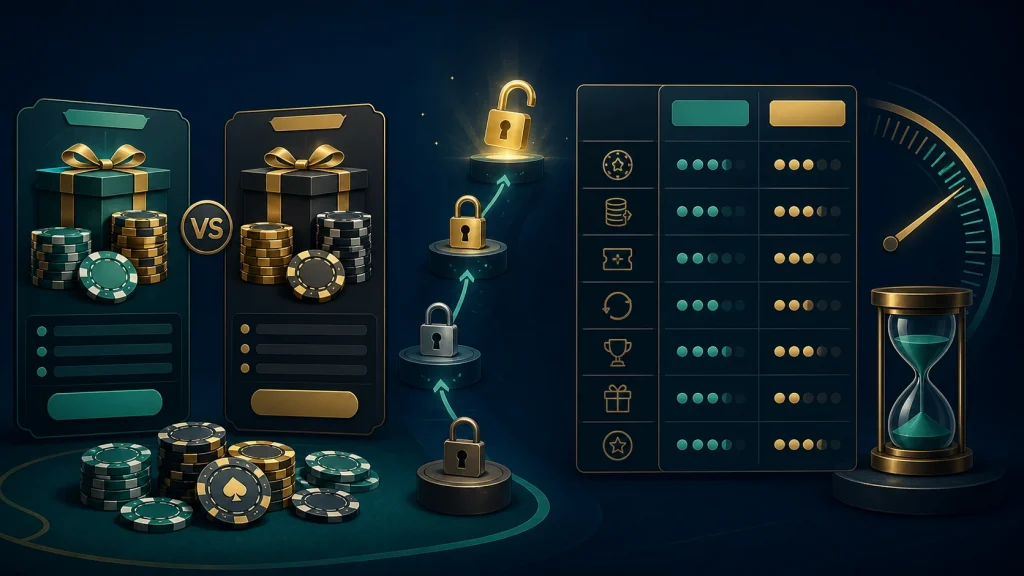 So Sánh Poker Bonus: Cách Quy Đổi Giá Trị Thực 1 Minh họa so sánh bonus poker theo giá trị và điều kiện
