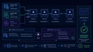 Provably Fair là gì: Sơ đồ xác minh Provably Fair bằng server seed client seed hash và nonce