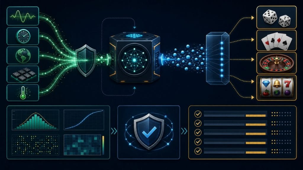 RNG Là Gì? Cách Bộ Tạo Số Ngẫu Nhiên Hoạt Động 1 RNG là gì: Minh họa quy trình RNG tạo và ánh xạ số ngẫu nhiên thành kết quả game
