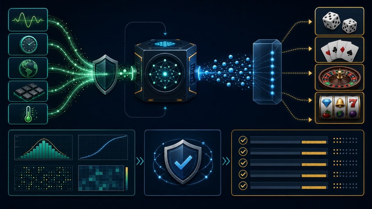 RNG Là Gì? Cách Bộ Tạo Số Ngẫu Nhiên Hoạt Động 2 RNG là gì: Minh họa quy trình RNG tạo và ánh xạ số ngẫu nhiên thành kết quả game