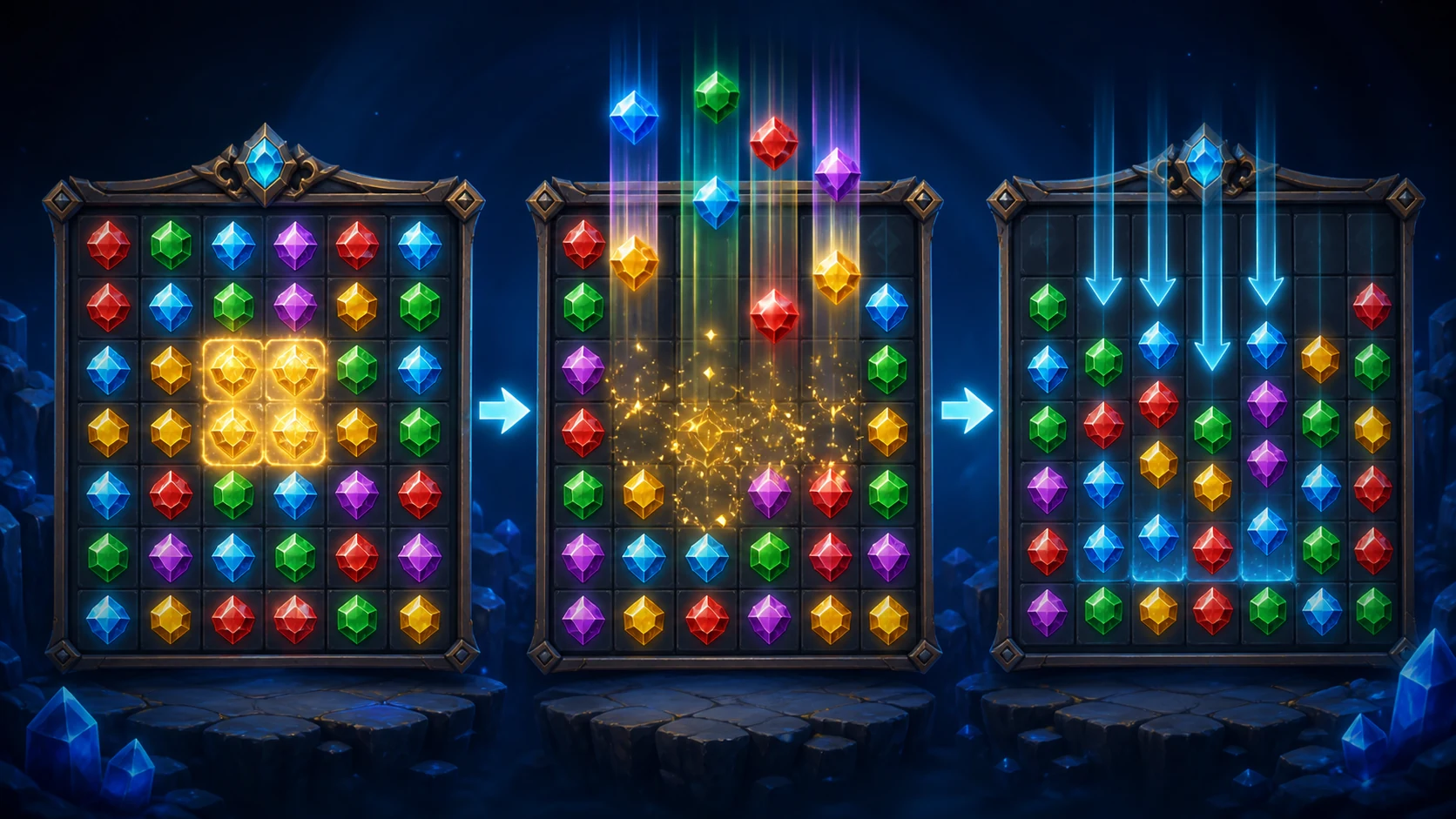 Tumble Và Cascade Trong Slot Là Gì? Cách Chuỗi Thắng Hoạt Động 2 Tumble và Cascade trong slot: Minh họa các biểu tượng slot rơi xuống theo cơ chế Tumble và Cascade