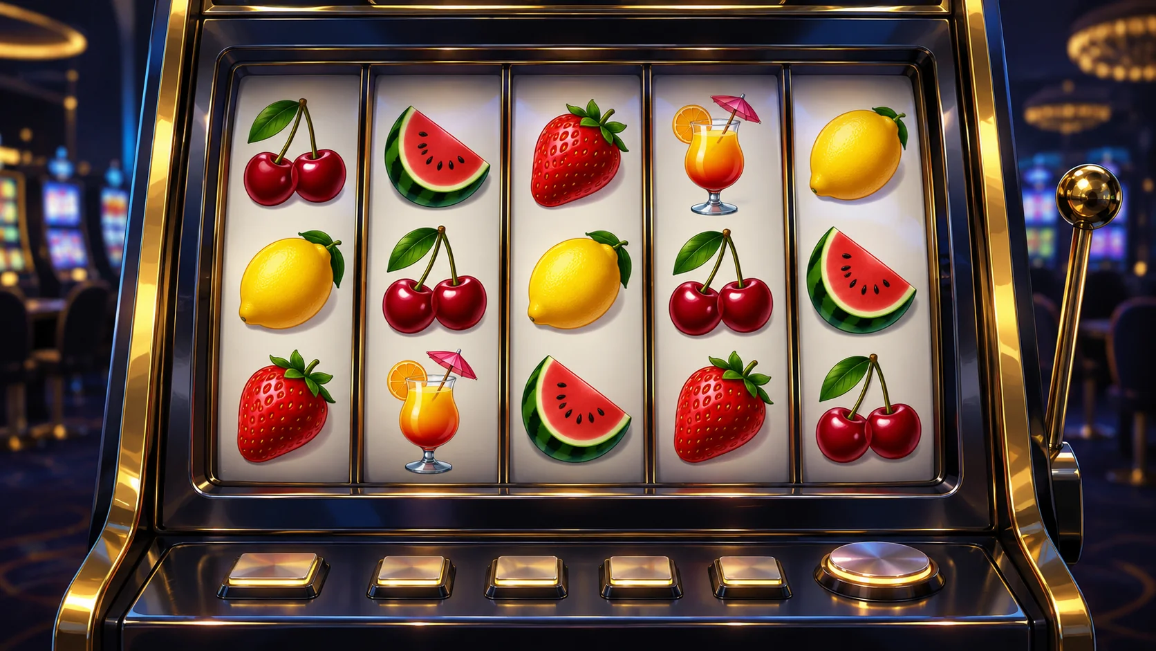 Fruit Cocktail Slot: Đánh Giá Luật Chơi Và Tính Năng 2 Minh họa Fruit Cocktail Slot bằng máy slot năm cuộn với các biểu tượng trái cây