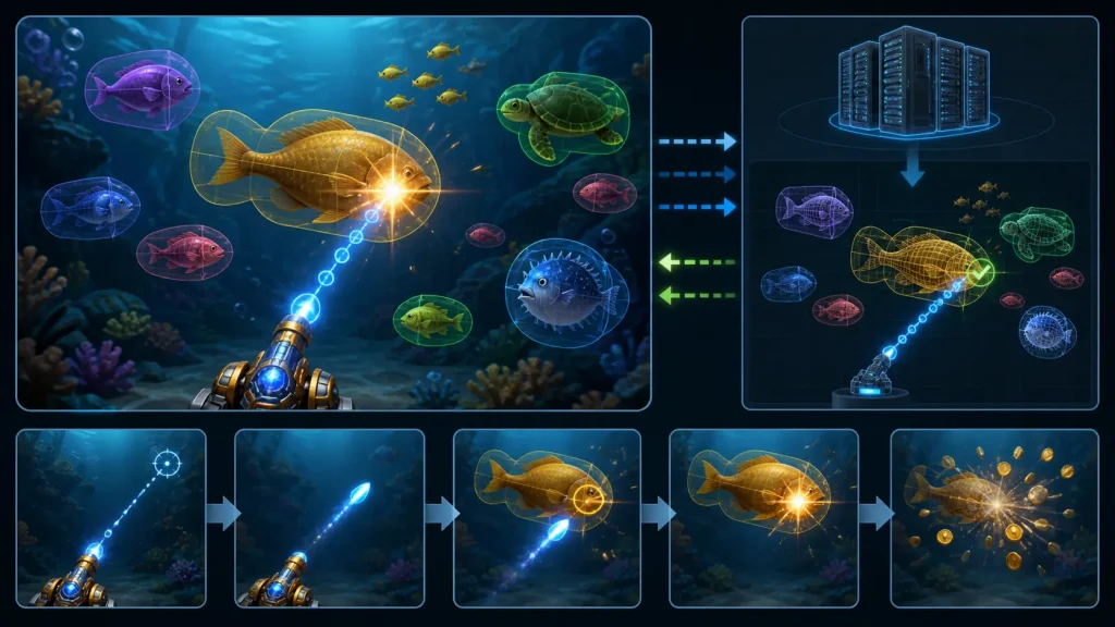 hitbox trong bắn cá: Minh họa hitbox và đường đạn trong game bắn cá