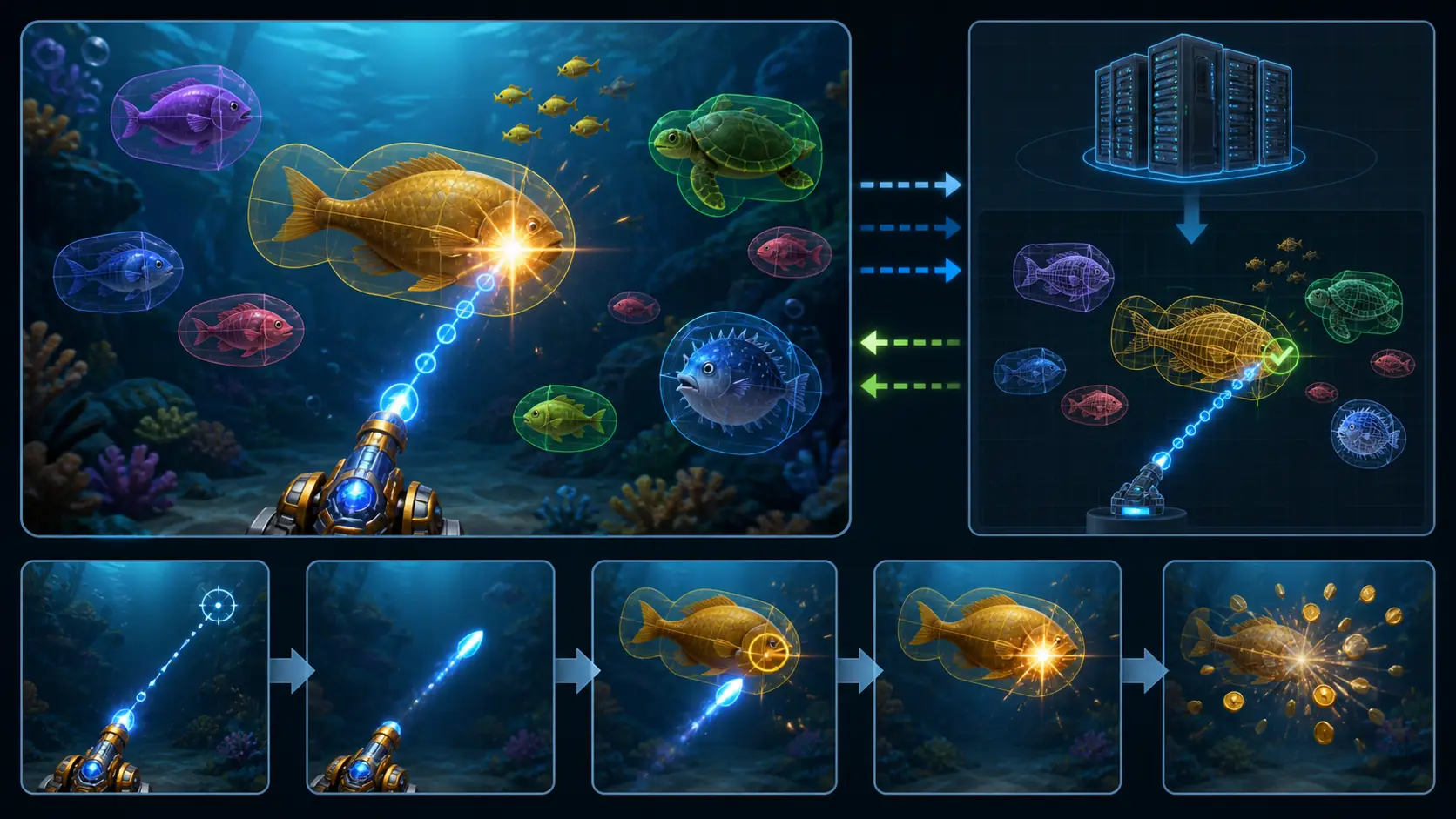 hitbox trong bắn cá: Minh họa hitbox và đường đạn trong game bắn cá
