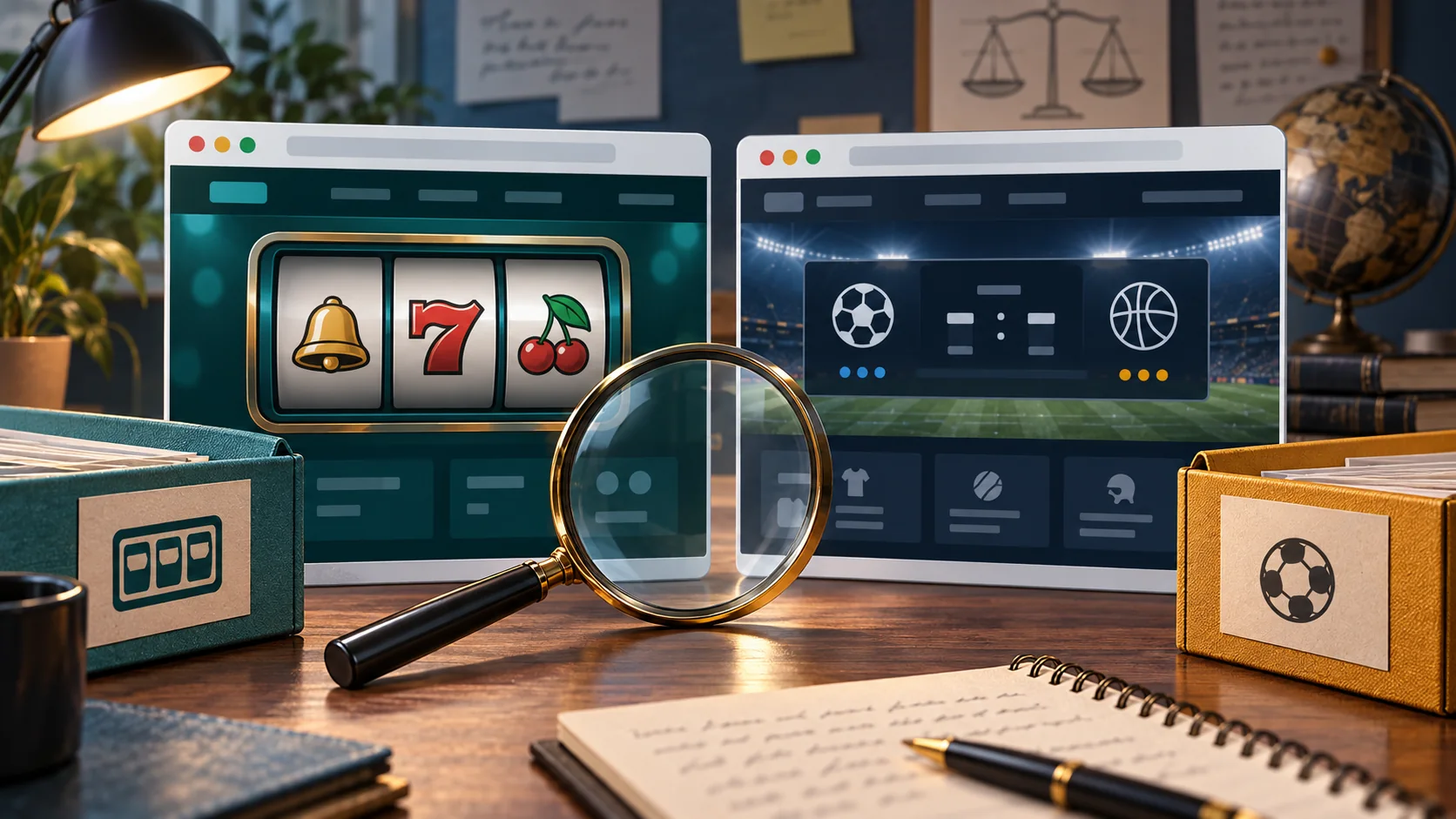 MaxbetSlots Và MaxBet: Phân Biệt Thương Hiệu Và Website 2 Hai giao diện minh họa slot và thể thao cạnh kính lúp, phân biệt các thương hiệu