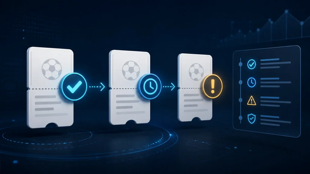 Minh họa các trạng thái phiếu cược online từ xác nhận đến chờ xử lý và cảnh báo